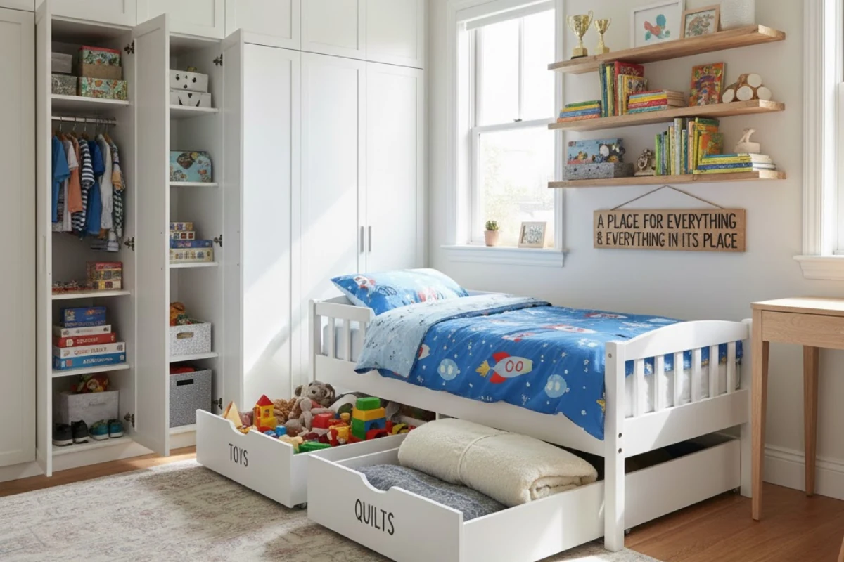 Children-room-design-with-bunk-bed-and-organized-storage-units