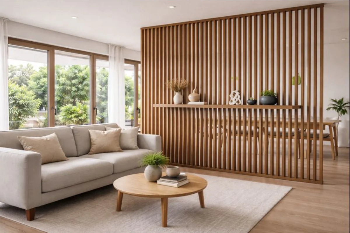 Wooden slats partition design between living and dining