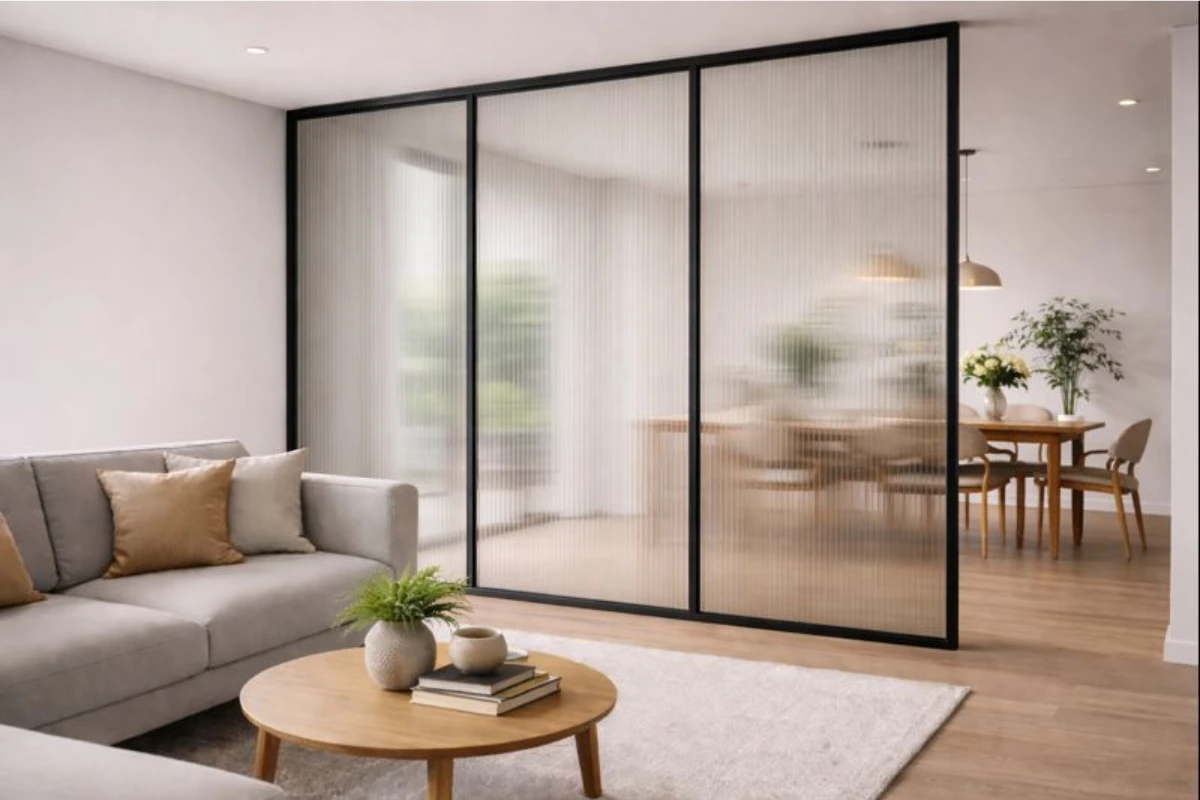 fluted glass partition design between living and dining