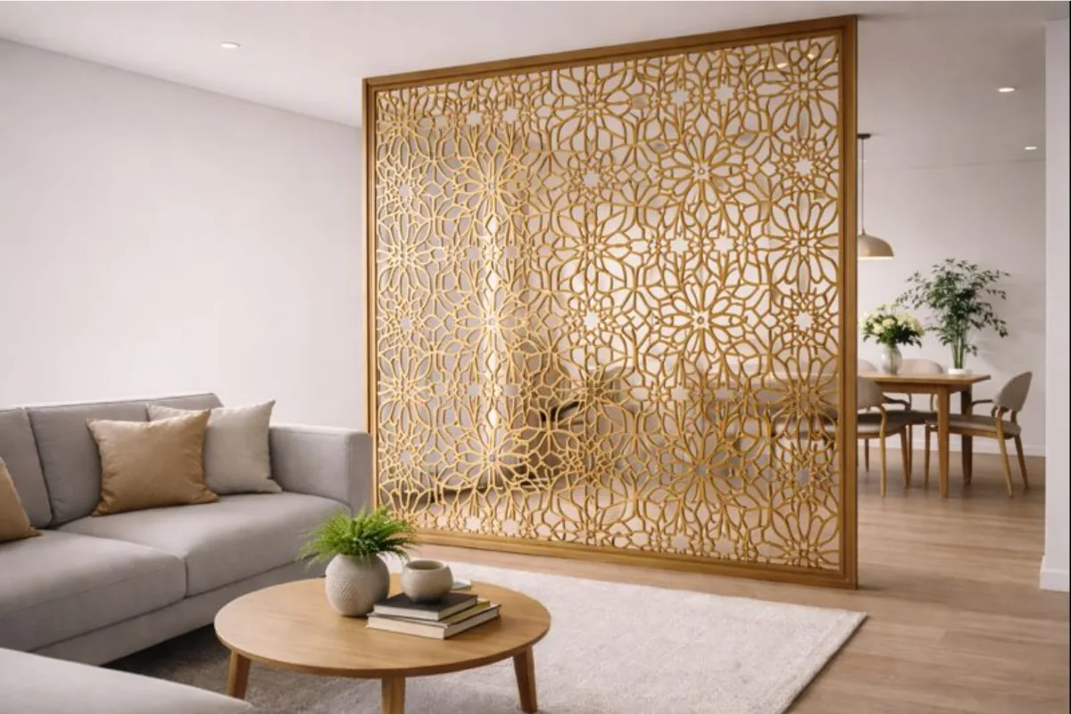 jaali partition design between living and dining