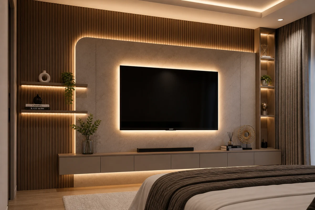 Backlit TV Panel Design For Bedroom with LED Integration in bedroom