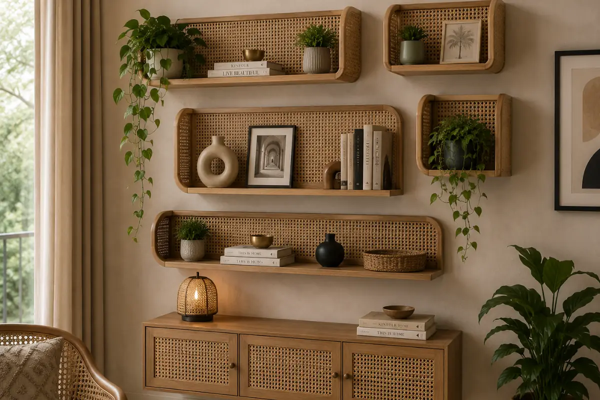 Cane and Rattan wall rack shelf storage design