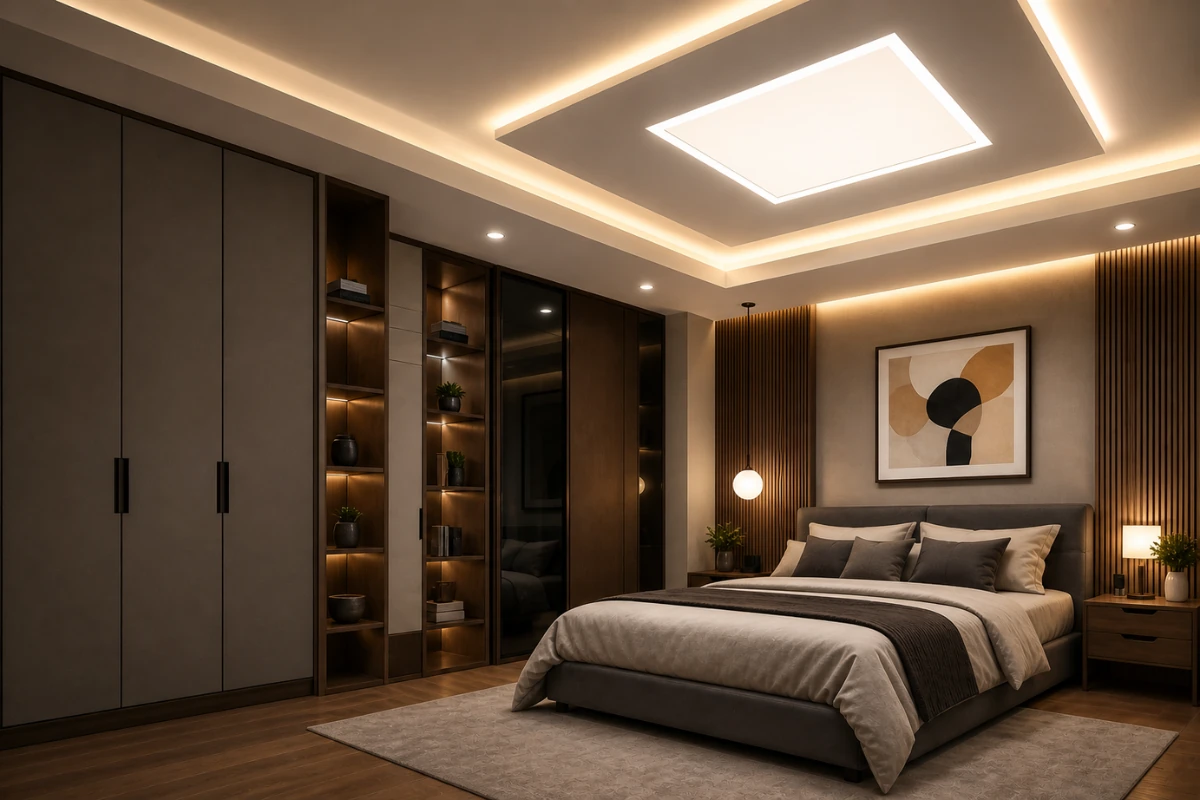 False Ceiling with Recessed LED Panels in bedrooms