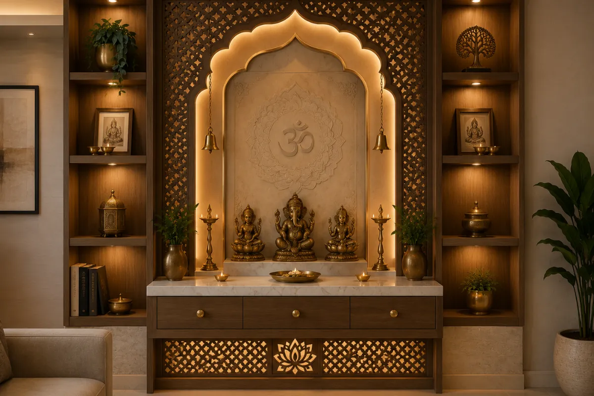 Pooja Unit Integrated Wall Shelf designs