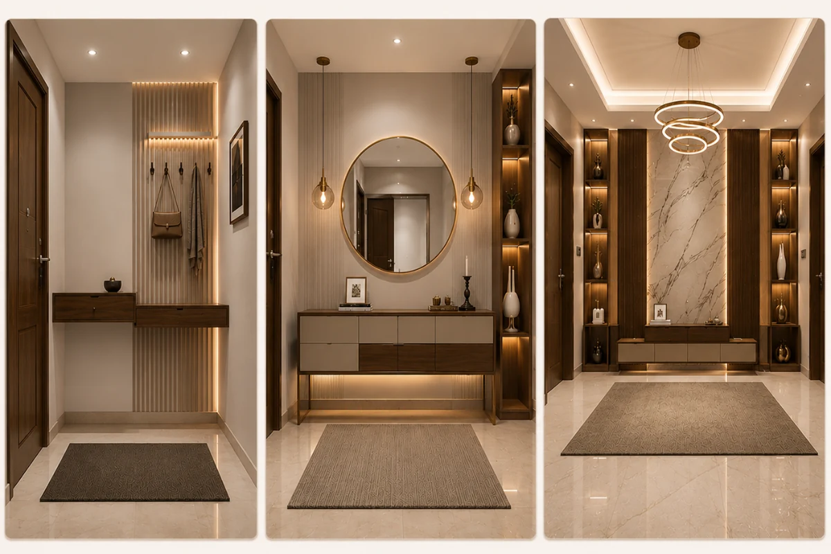 Collection of modern foyer area designs with floating consoles, mirrors, and ambient lighting