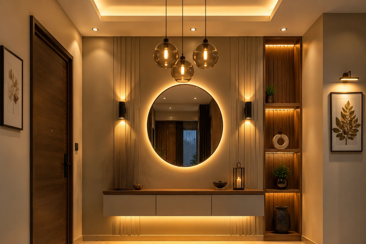 Elegant apartment foyer area design with backlit mirror, floating console table, and decorative wooden shelving