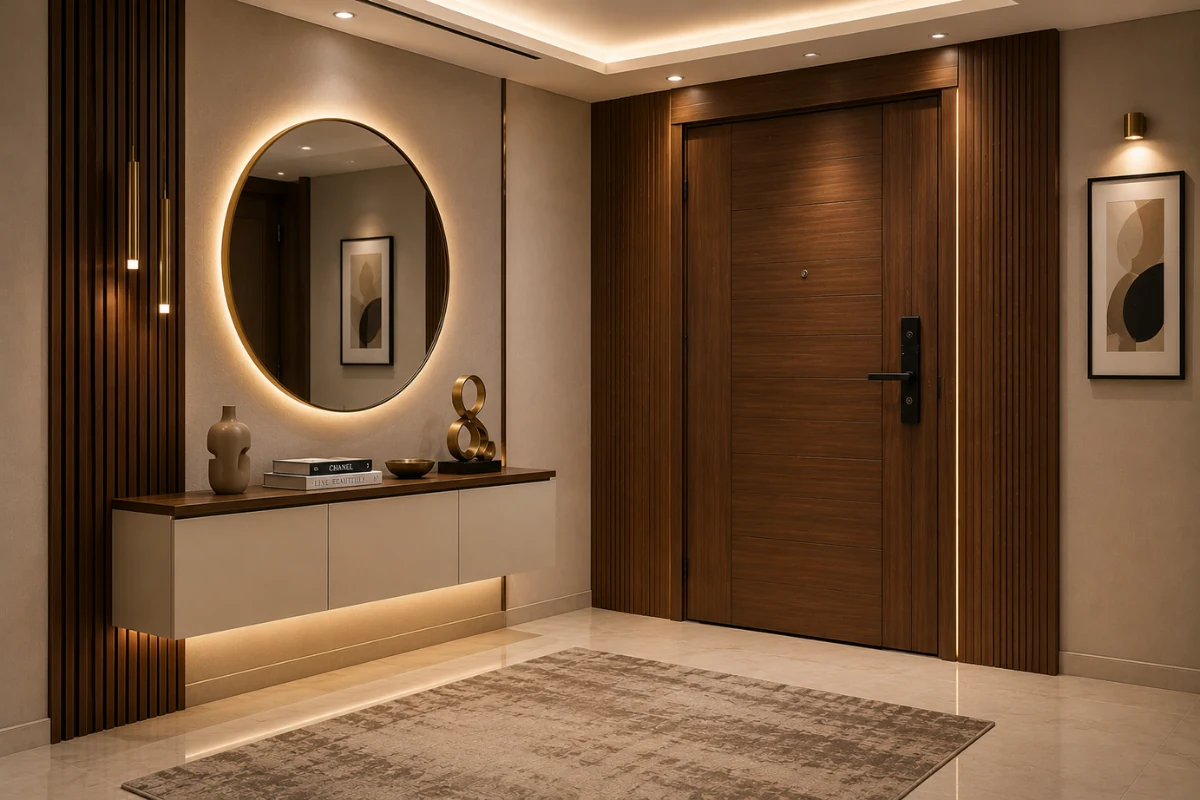 Luxury foyer area design featuring a floating storage cabinet, illuminated round mirror, and wooden wall panels