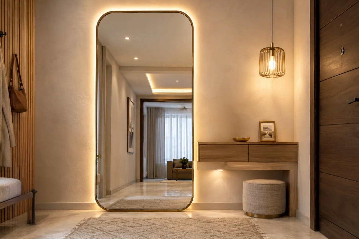 Luxury foyer area design featuring a full-length illuminated mirror and wooden console table