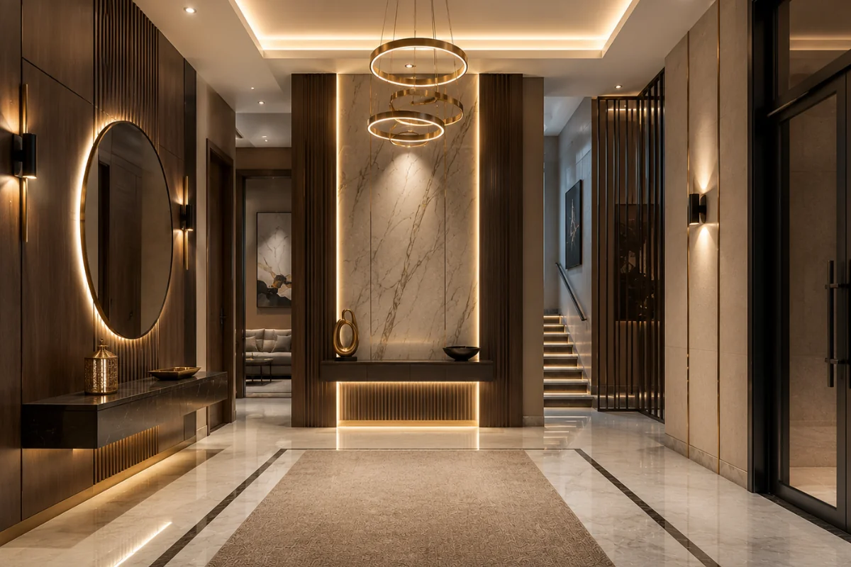Luxury foyer area design with marble feature wall, floating console, round mirror, and designer pendant lights