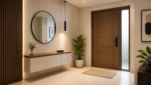 Modern-apartment-foyer-area-design-with-decorative-wall-panels-and-functional-storage
