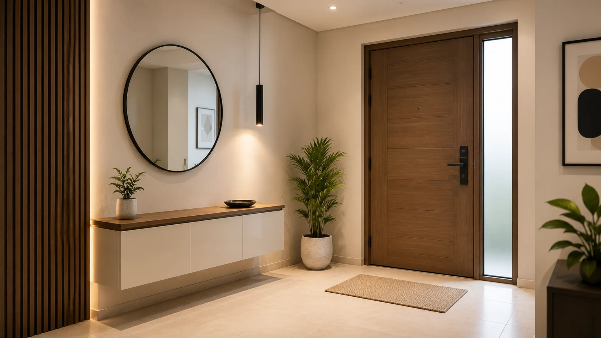 Modern-apartment-foyer-area-design-with-decorative-wall-panels-and-functional-storage