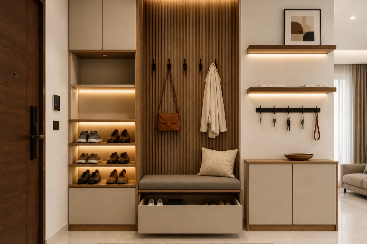Modern foyer area design with built-in shoe storage, seating bench, wall hooks, and floating shelves