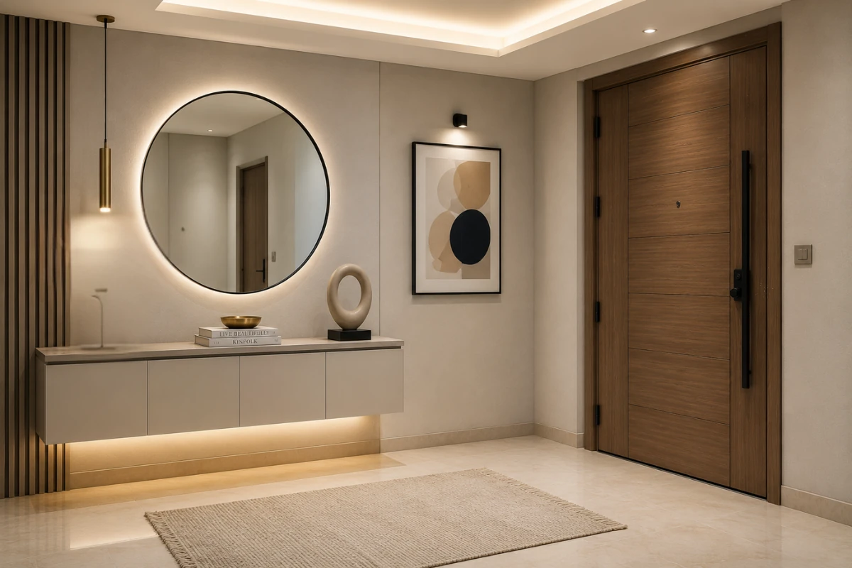 Modern foyer area design with floating console, round backlit mirror, wooden entrance door, and warm lighting