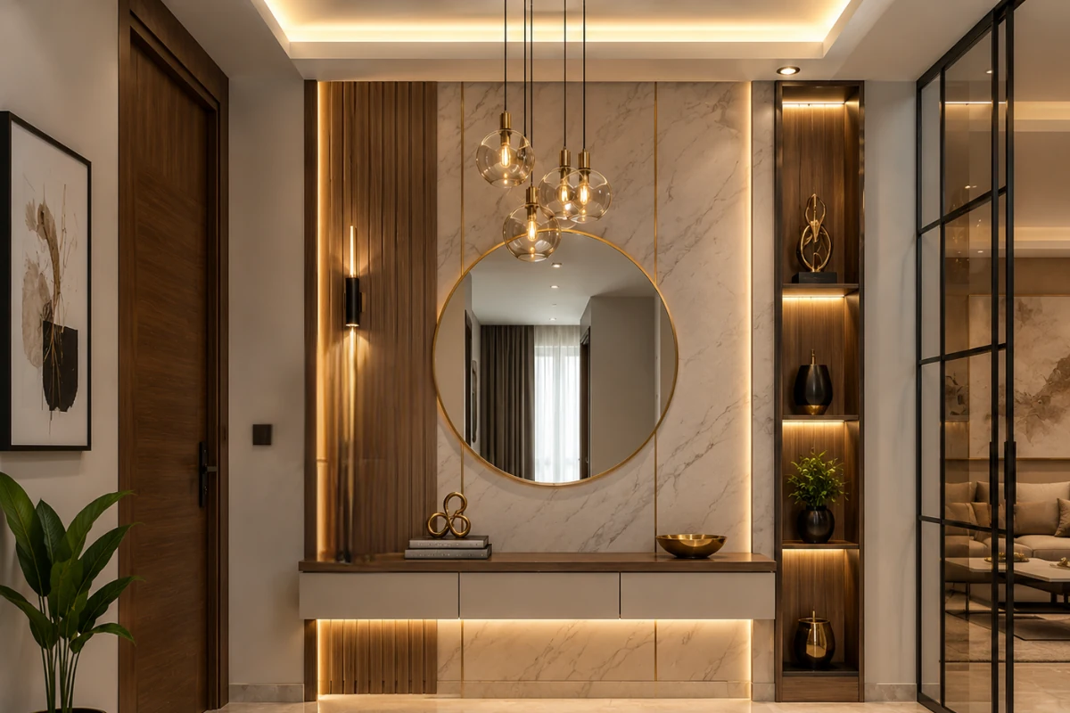 Modern foyer area design with marble accent wall, round mirror, floating console, and wooden display shelves