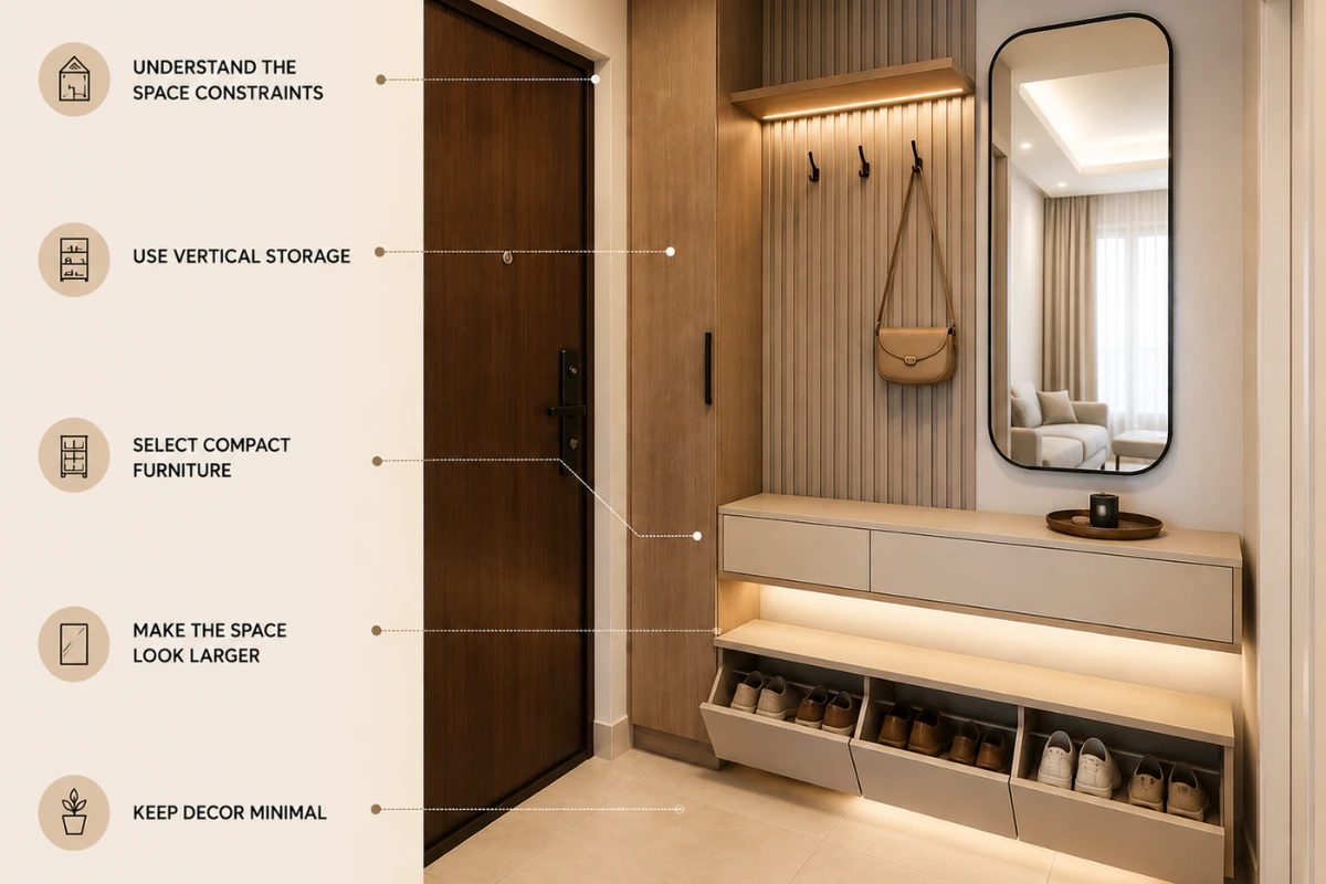 Space-saving foyer area design tips with vertical storage, compact furniture, and smart organization