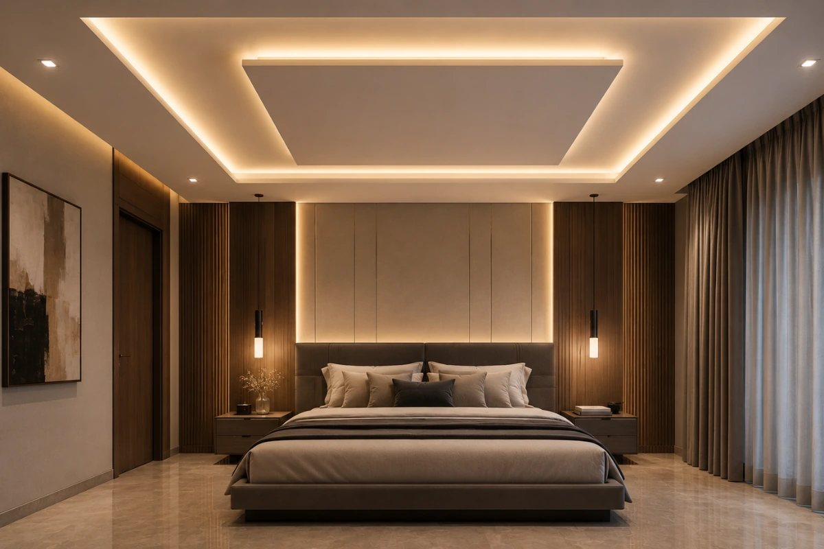 Bedroom false ceiling design with floating ceiling panel