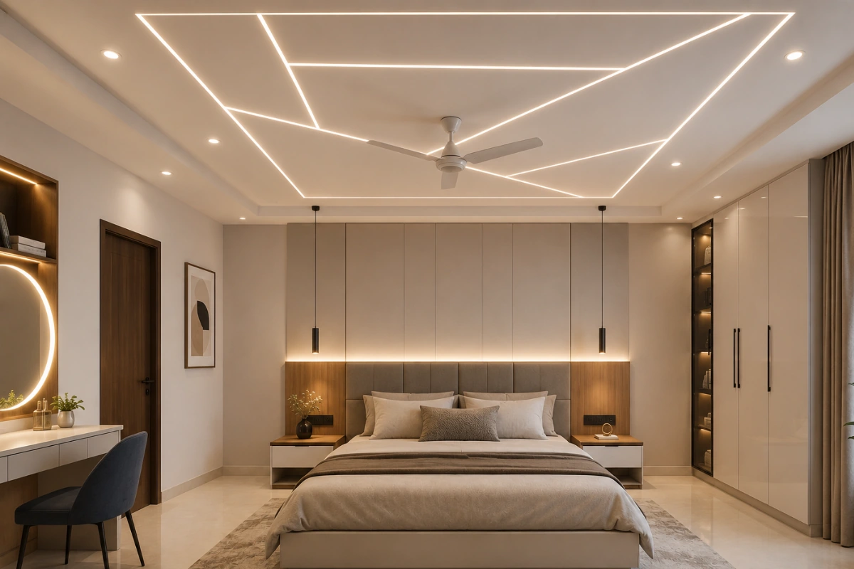 Bedroom false ceiling design with geometric LED lighting, ceiling fan, and luxury decor