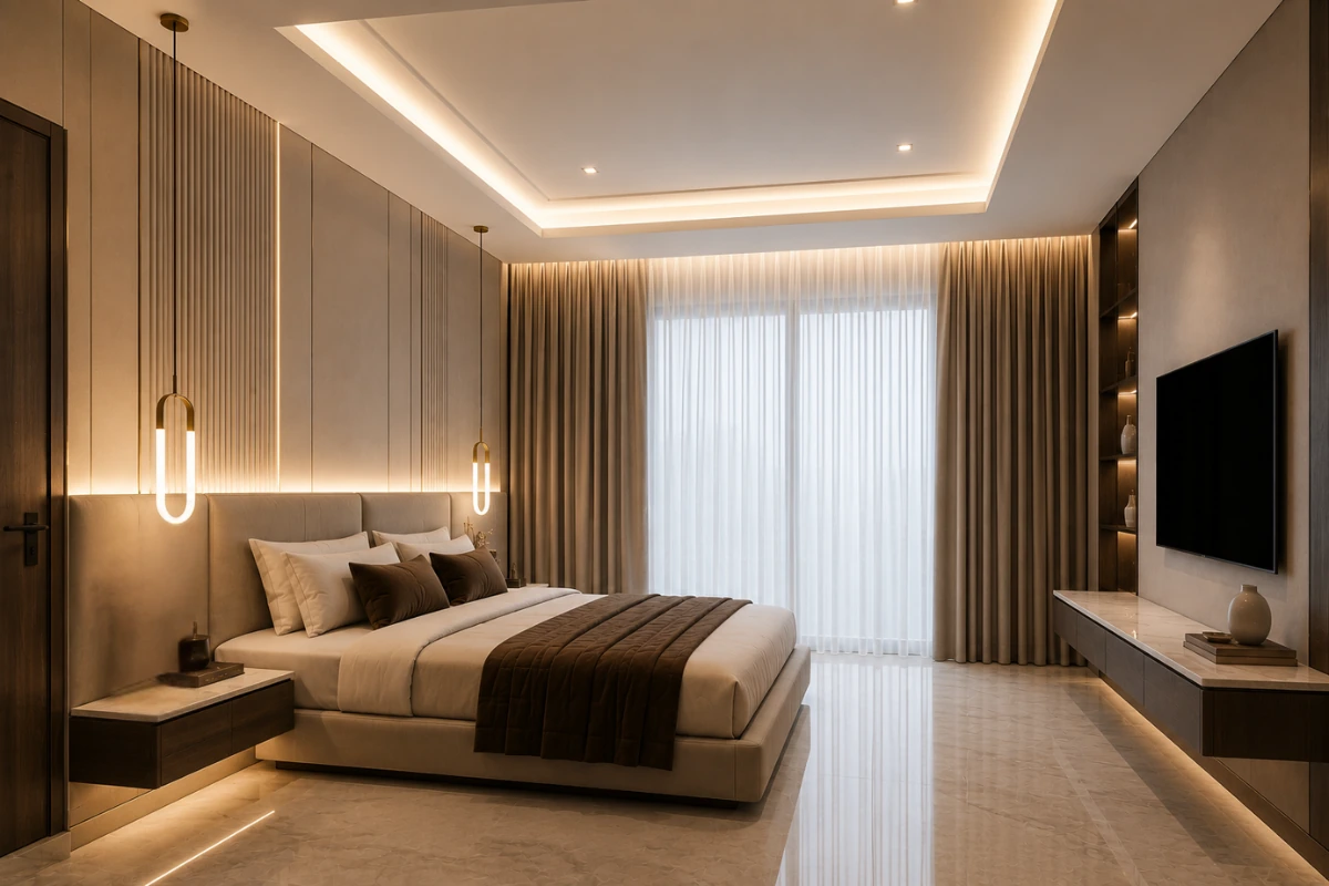Bedroom false ceiling design with modern pocket ceiling