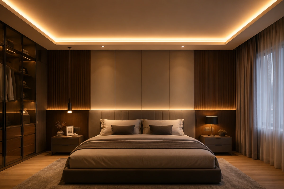 Bedroom false ceiling design with warm ambient lighting and contemporary wooden finishes