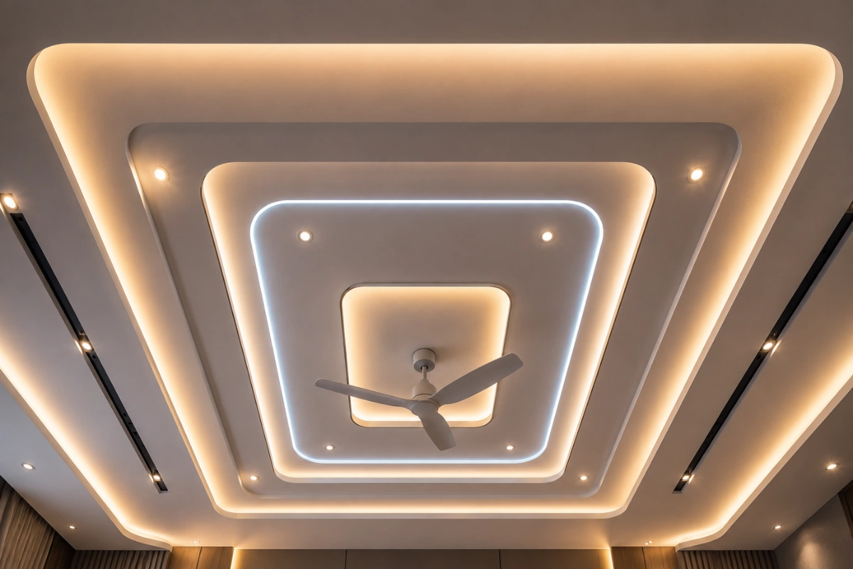 Elegant bedroom false ceiling design with curved edges, concealed LED strips, and spotlights