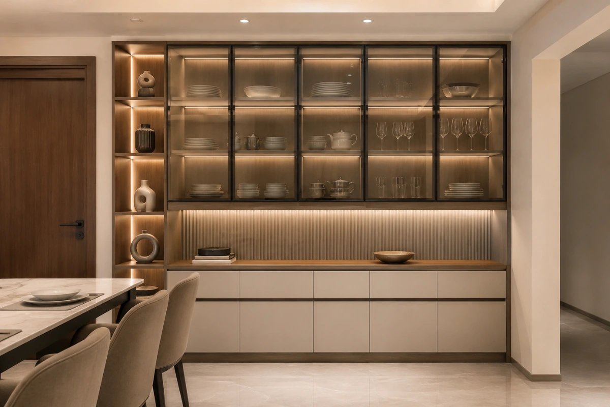 Elegant-dining-room-crockery-unit-featuring-glass-display-shelves-and-ambient-lighting