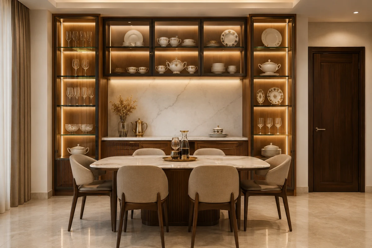 Luxury-dining-room-crockery-cabinet-with-glass-shutters-and-marble-backsplash