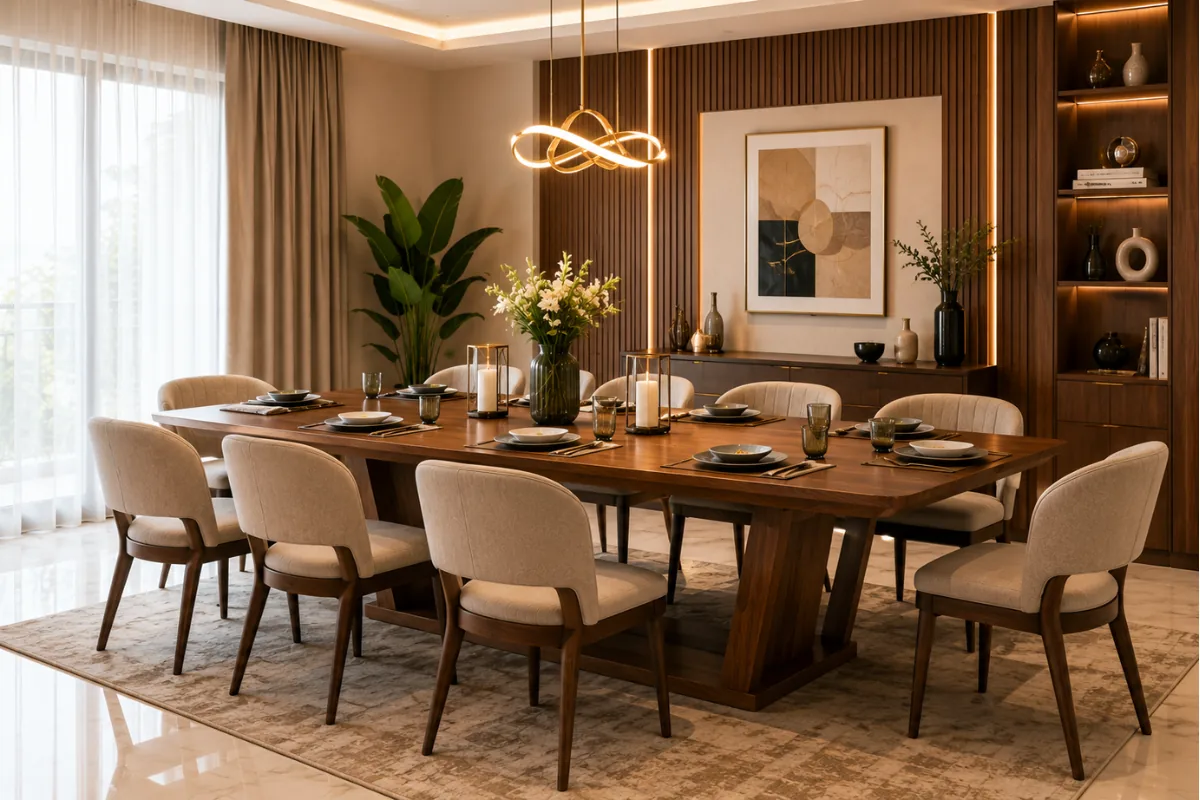 Luxury dining table design with wooden finish and stylish dining chairs