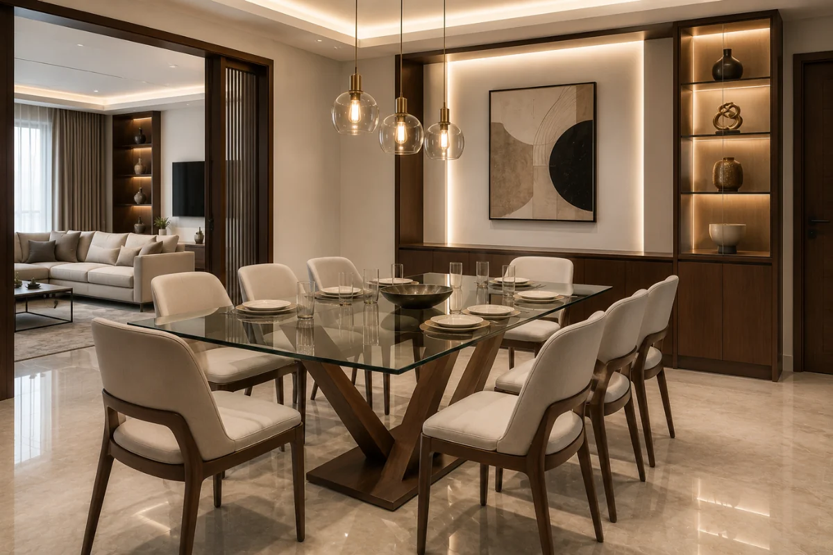 Luxury glass dining table design with contemporary interior decor