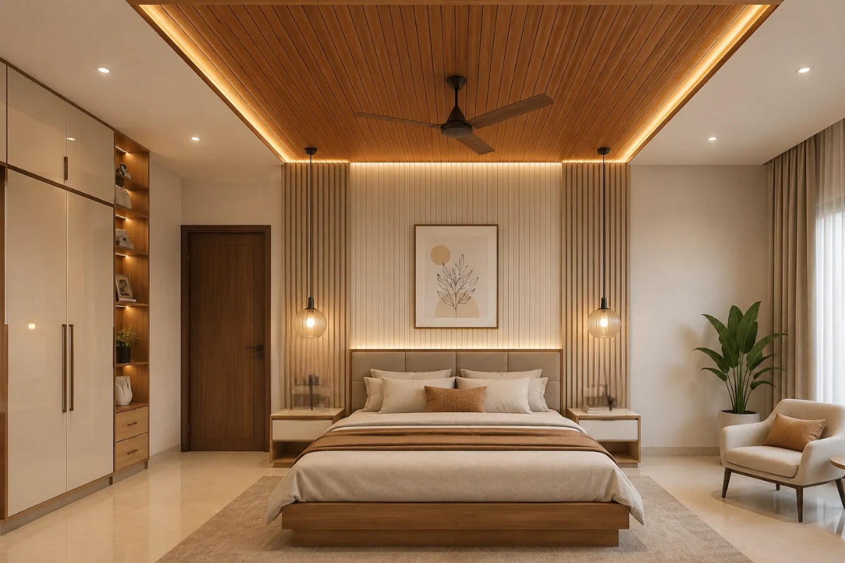 Modern bedroom false ceiling design with wooden panel ceiling and ceiling fan