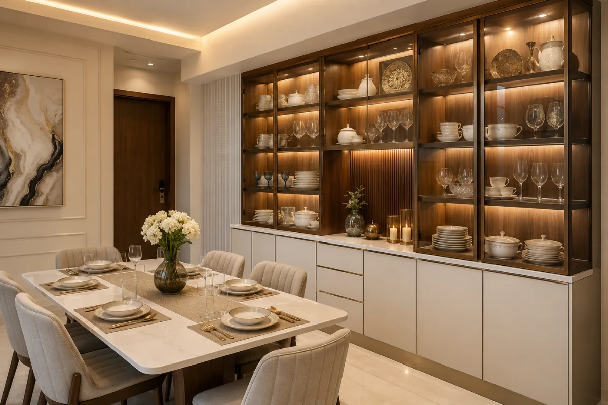 Modern-dining-room-crockery-unit-design-with-glass-display-cabinets-and-white-storage-drawers