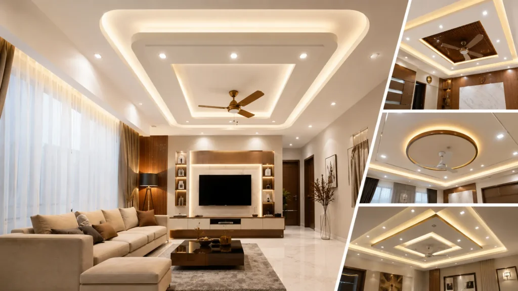 Modern-gypsum-ceiling-design-for-living-room-with-LED-cove-lighting-and-ceiling-fan