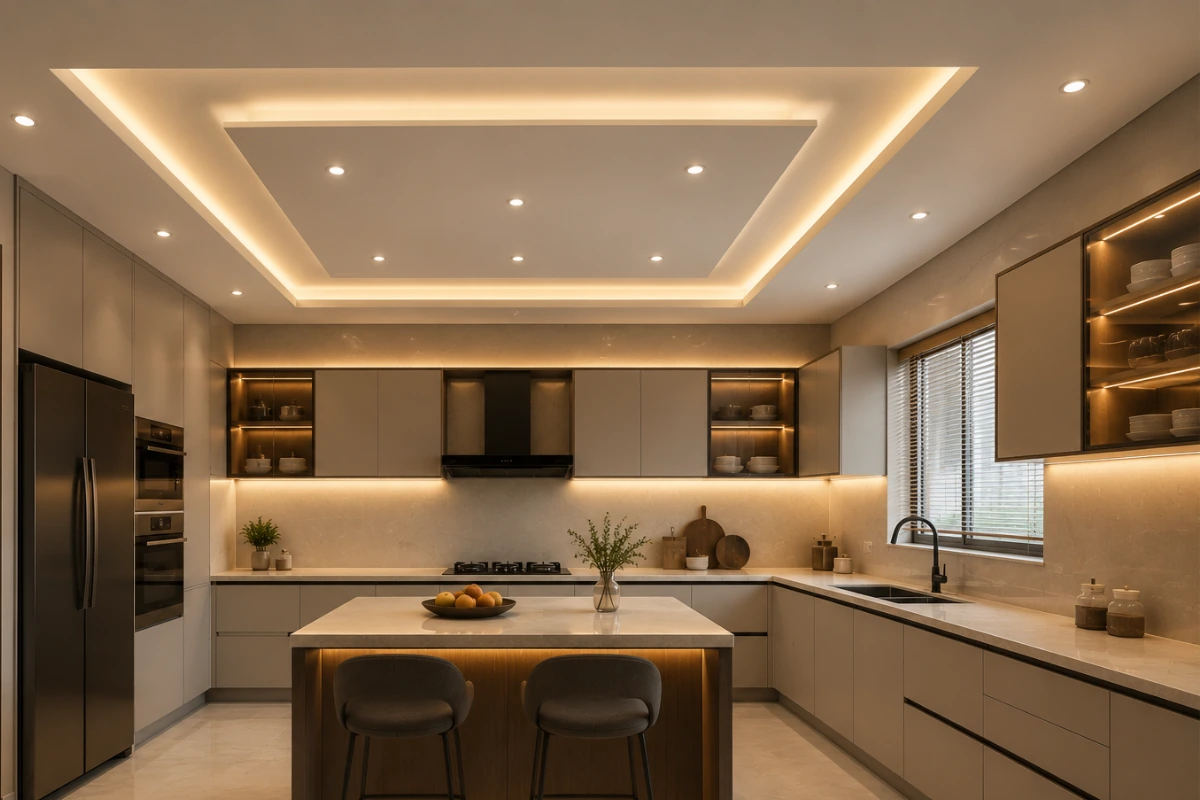 Modern-kitchen-false-ceiling-design-with-gypsum-LED-lights-and-island