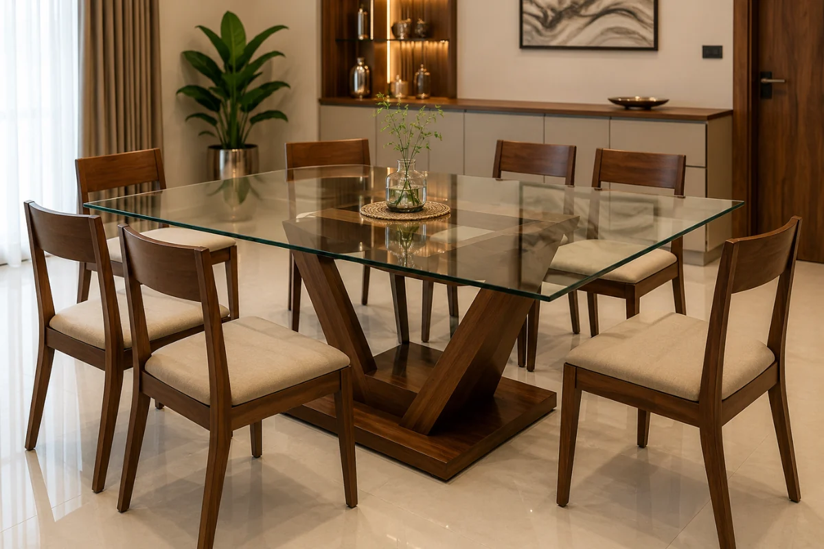 Premium glass dining table design with wooden V-shaped base and modern decor