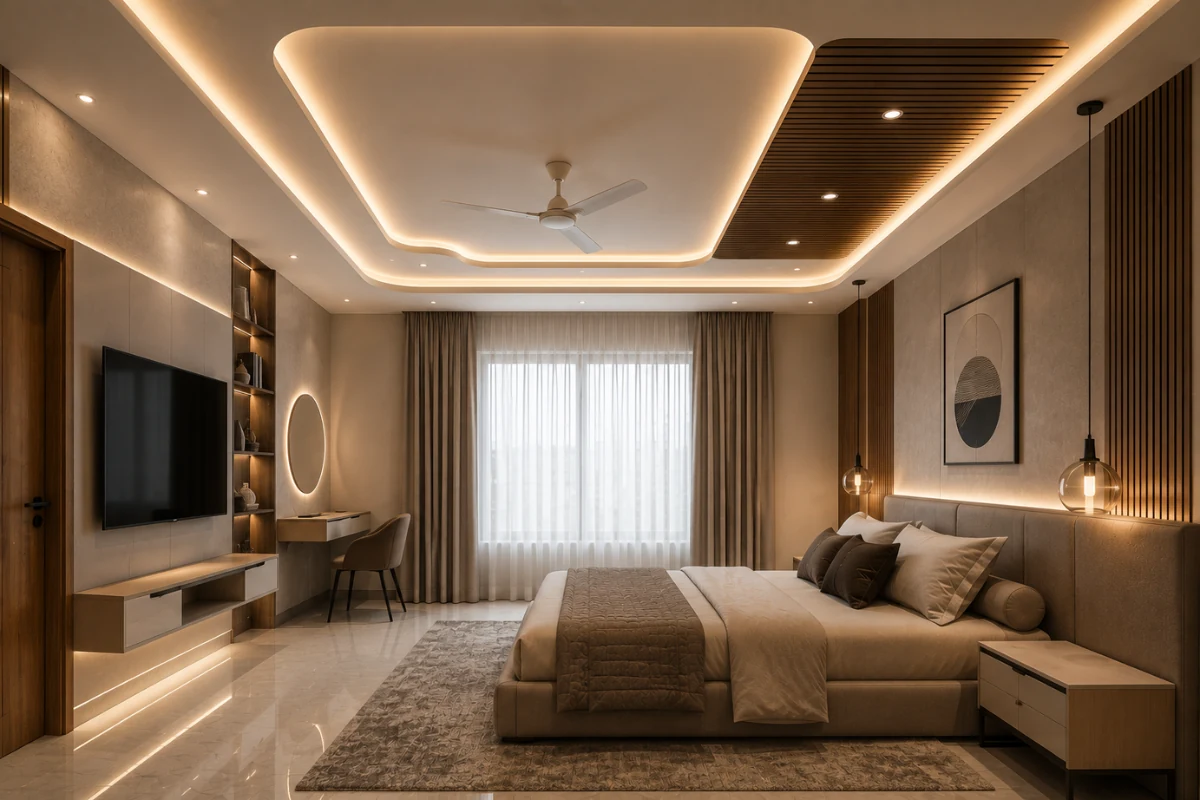 Stylish bedroom false ceiling design with curved premium ceiling