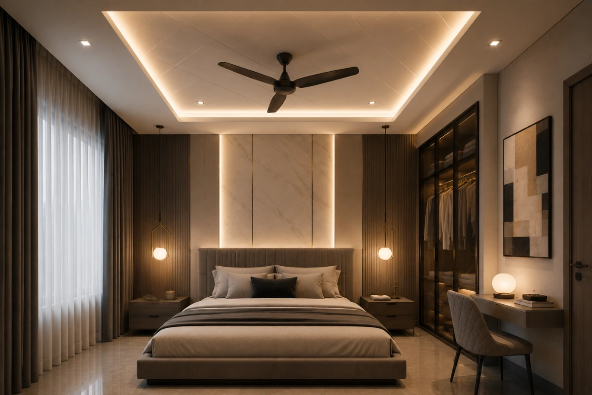 Stylish bedroom false ceiling design with hiden curtain strip lighting and luxury decor