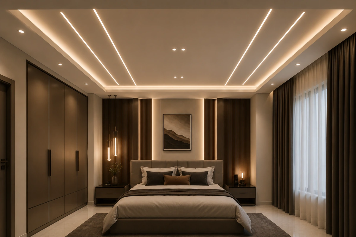 Stylish bedroom false ceiling design with recessed LED lighting for spacious bedrooms