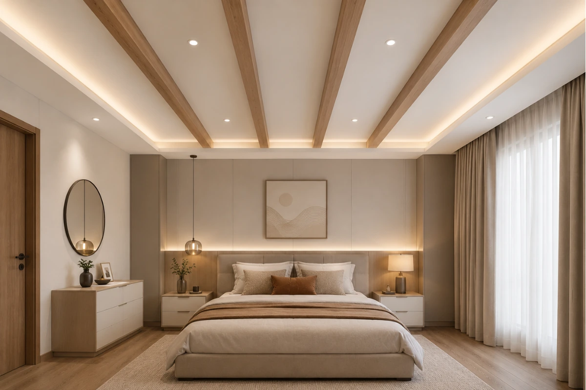 Stylish bedroom false ceiling design with wooden ceiling beams and luxury interiors