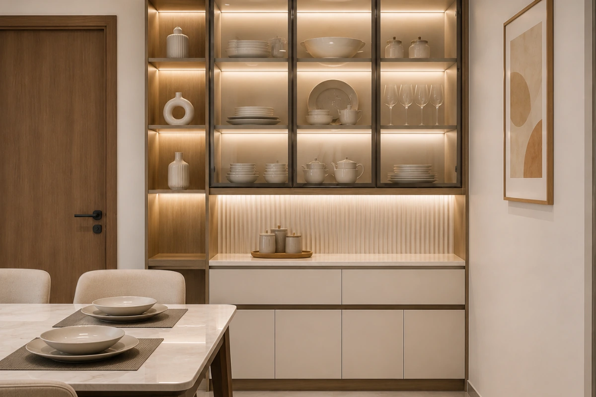 Stylish-dining-room-crockery-unit-with-wooden-finish-and-illuminated-display-storage