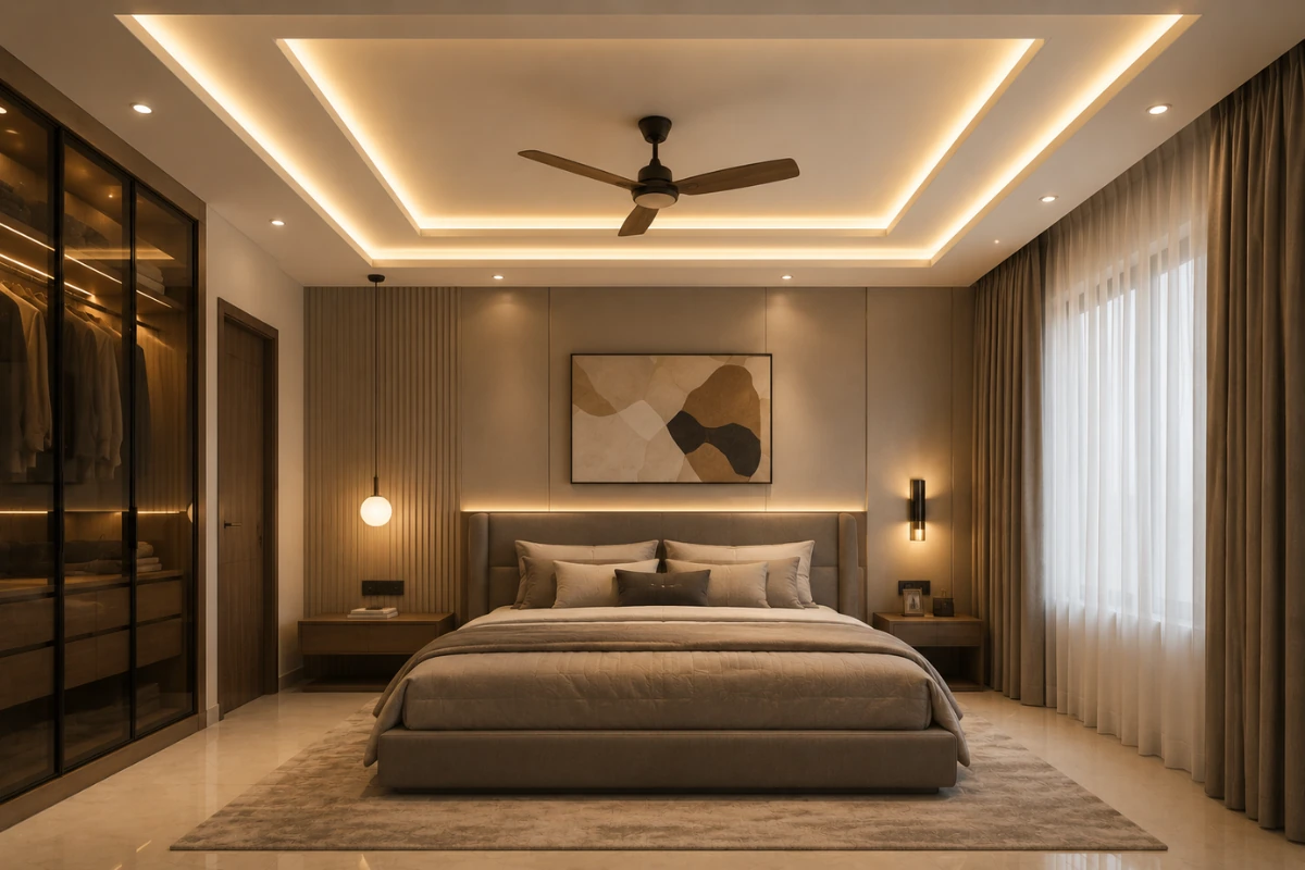 Stylish-gypsum-ceiling-design-for-bedroom-with-ceiling-fan-and-warm-LED-lighting