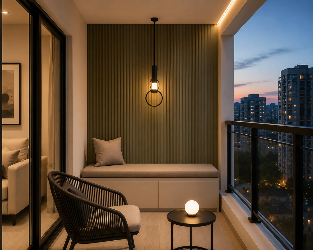 Apartment-balcony-design-with-built-in-seating-pendant-light-and-modern-outdoor-furniture