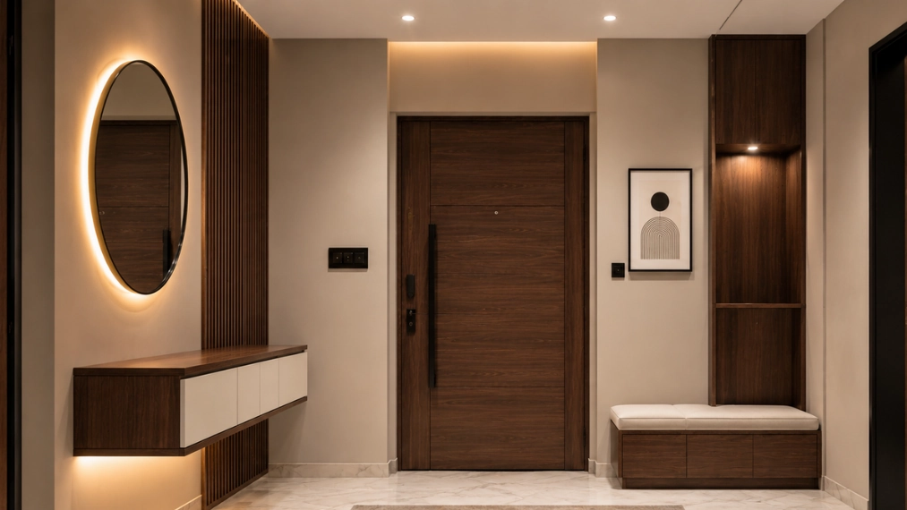Apartment-entryway-entrance-foyer-design-with-modern-wall-mounted-console-unit