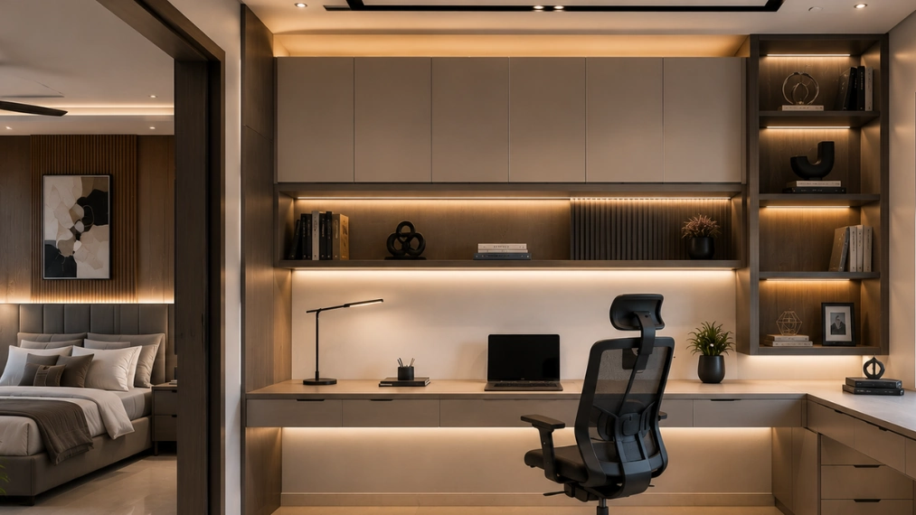Custom-modern-home-office-interior-design-with-integrated-LED-profile-light-study-table-and-overhead-storage-for-villa
