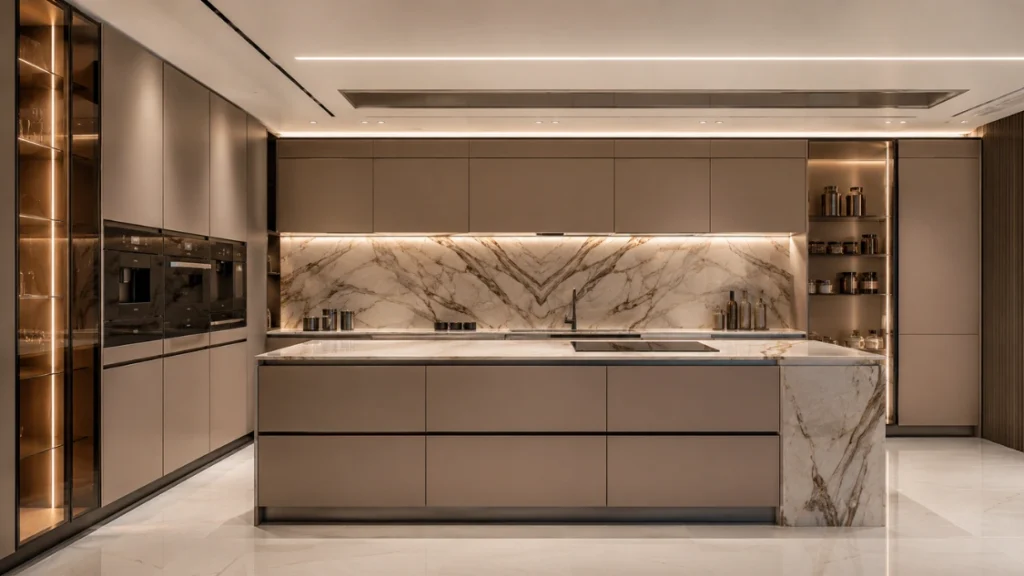 Italian-kitchen-interior-design-with-luxury-marble-island-and-handleless-cabinets