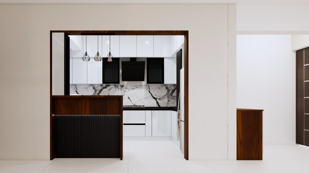 Kitchen-partition-design-with-wooden-frame-and-half-wall