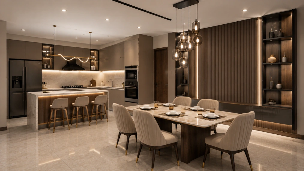 Luxury-3BHK-apartment-dining-room-with-open-kitchen-island-counter-and-contemporary-interior-design