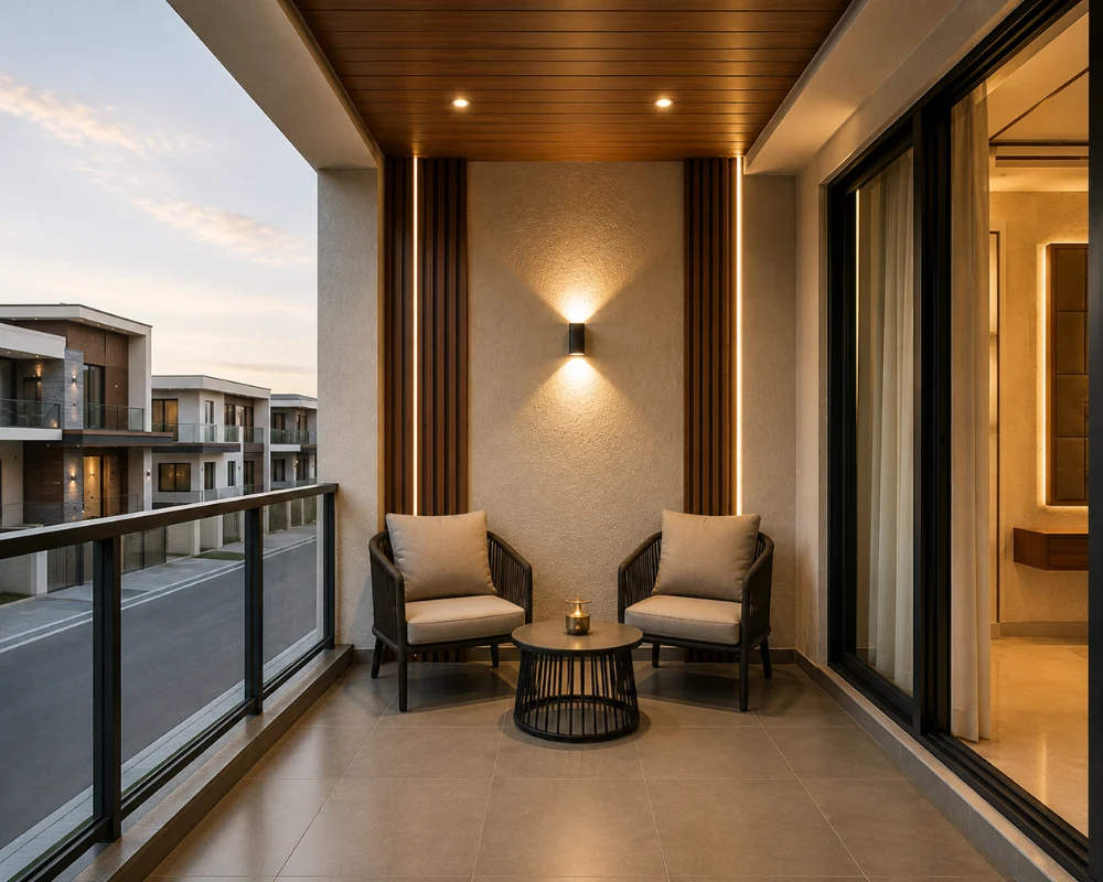 Luxury-apartment-balcony-design-featuring-wooden-ceiling-and-lounge-chairs