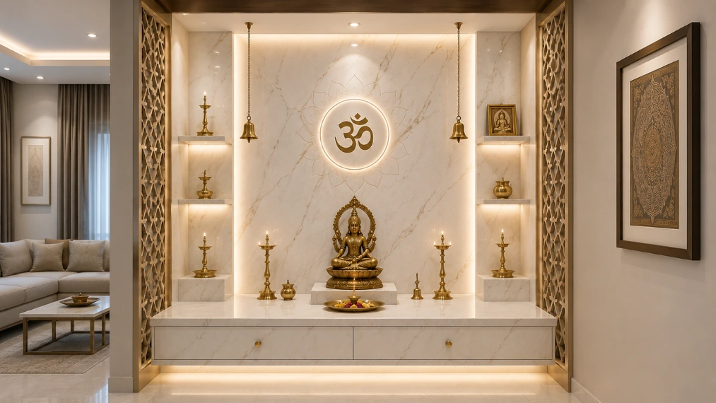 Luxury-marble-pooja-room-design-with-floating-cabinet-and-illuminated-backdrop