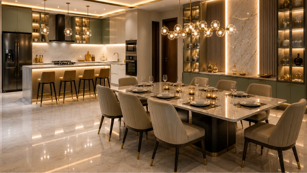 Luxury-villa-kitchen-and-dining-interior-design-with-sage-green-modular-kitchen-cabinets-marble-dining-table-and-warm-ambient-lighting