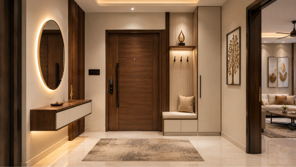 Modern-apartment-entryway-entrance-foyer-design-with-floating-console-and-storage-bench