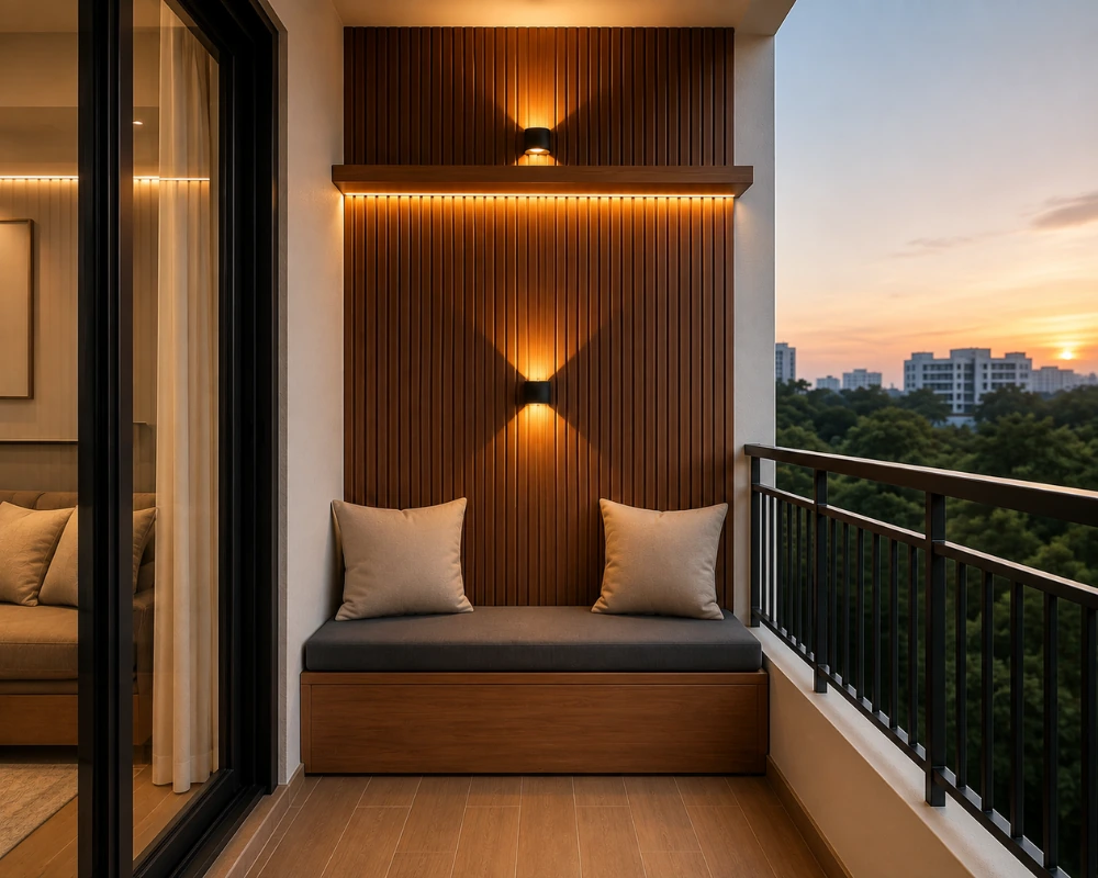 Modern-balcony-design-for-apartment-with-wooden-slat-accent-wall-and-ambient-lighting